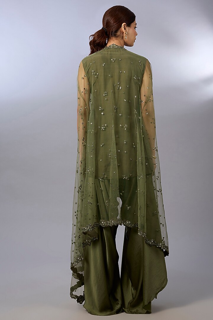 Olive Green Dupion & Net Cape Set by Pallavi Poddar (India) at Pernia's Pop Up Shop
