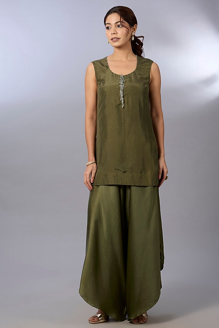 Olive Green Dupion & Net Cape Set by Pallavi Poddar (India) at Pernia's Pop Up Shop