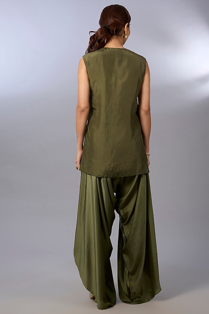 Olive Green Dupion & Net Cape Set by Pallavi Poddar (India) at Pernia's Pop Up Shop