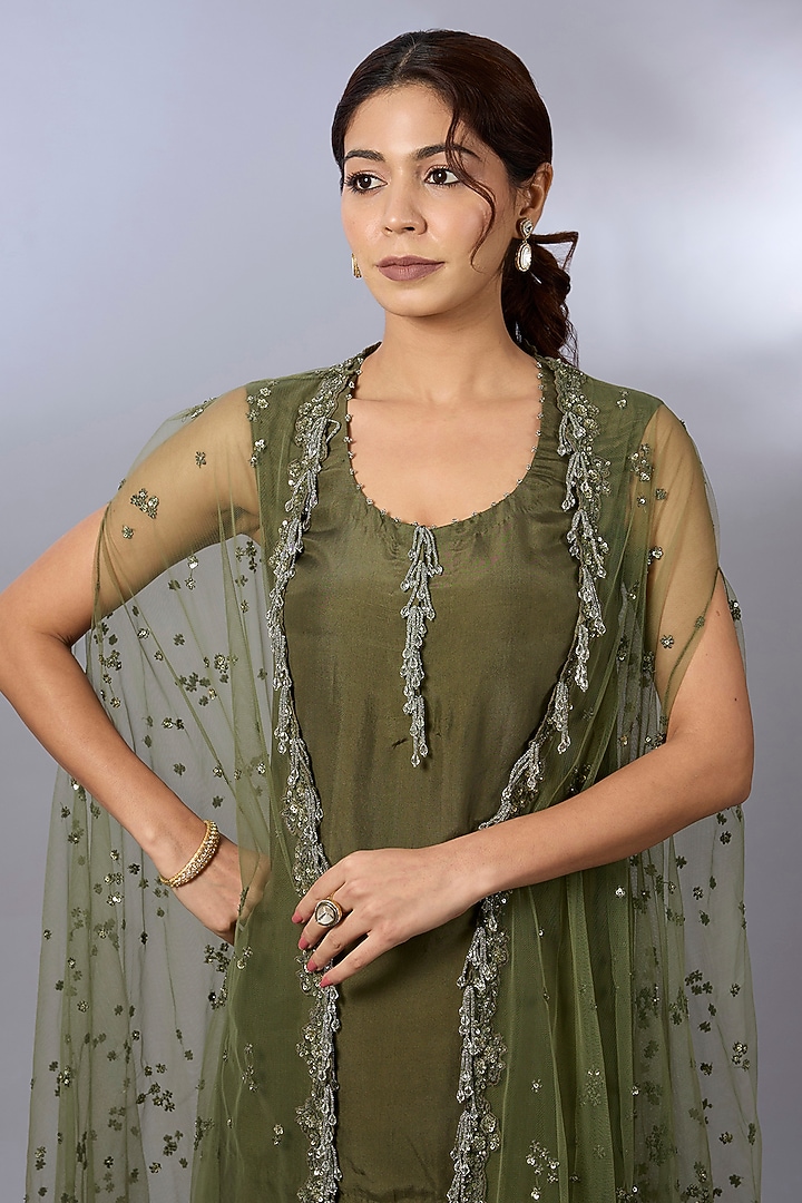 Olive Green Dupion & Net Cape Set by Pallavi Poddar (India) at Pernia's Pop Up Shop