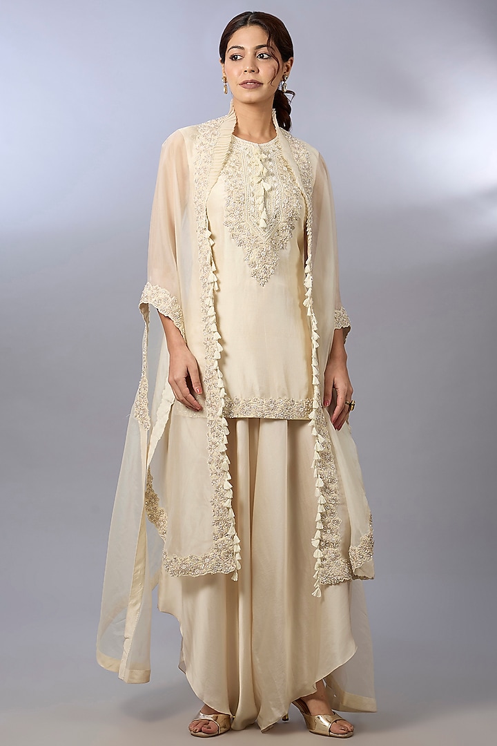 Ivory Dupion Zardosi Work Cape Set by Pallavi Poddar (India) at Pernia's Pop Up Shop