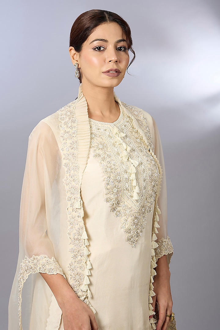 Ivory Dupion Zardosi Work Cape Set by Pallavi Poddar (India) at Pernia's Pop Up Shop