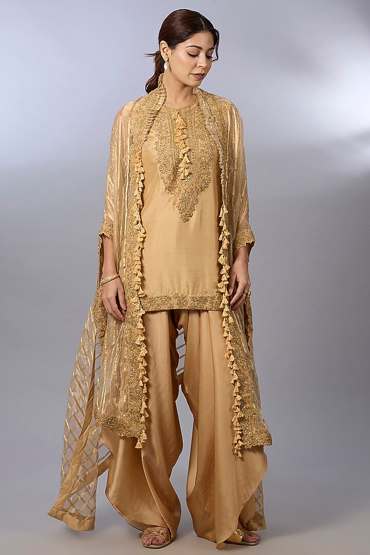 Gold Dupion Zardosi Work Cape Set by Pallavi Poddar (India) at Pernia's Pop Up Shop