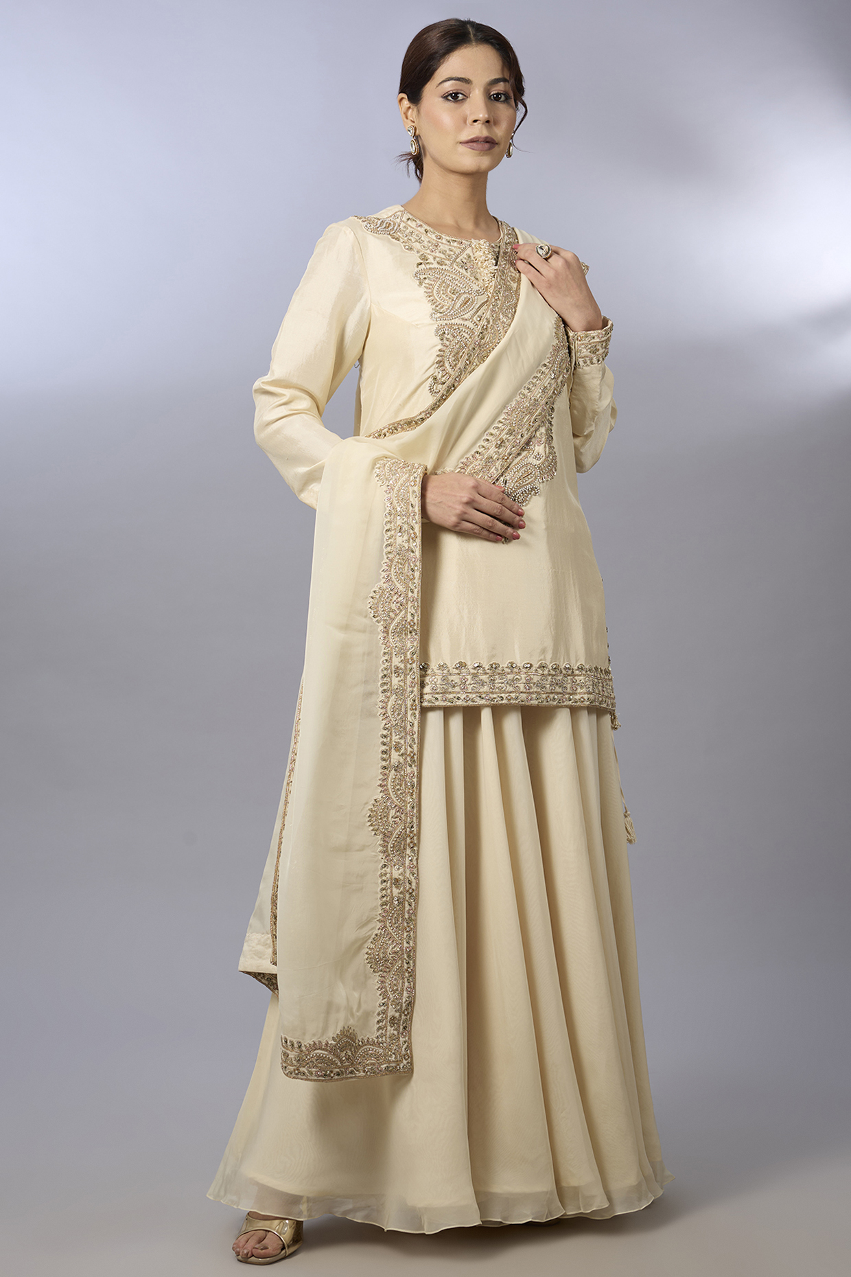 Ivory Dupion Wedding Sharara Set by Pallavi Poddar (India) at Pernia's Pop Up Shop