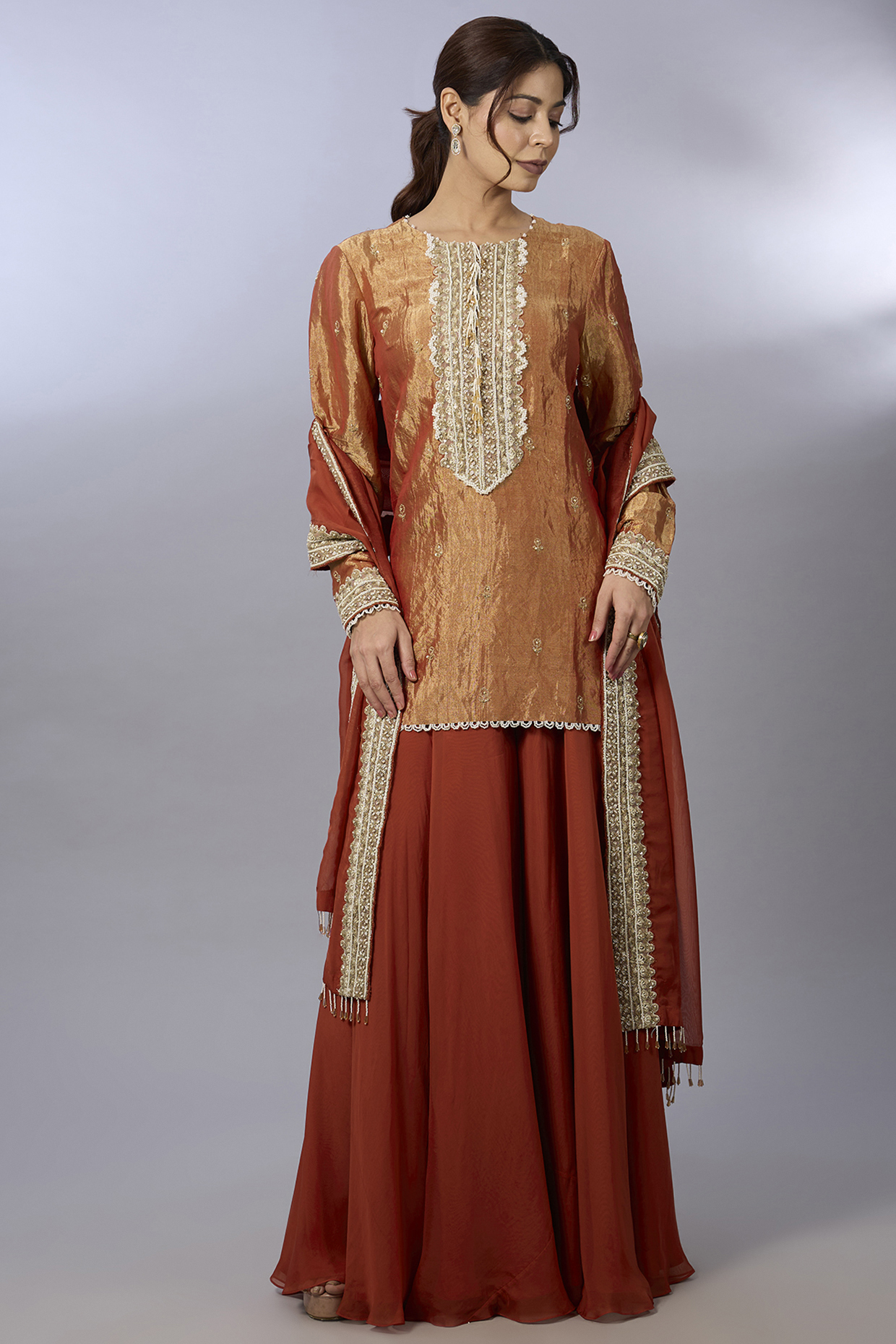 Rust Orange Tissue Wedding Sharara Set by Pallavi Poddar (India) at Pernia's Pop Up Shop