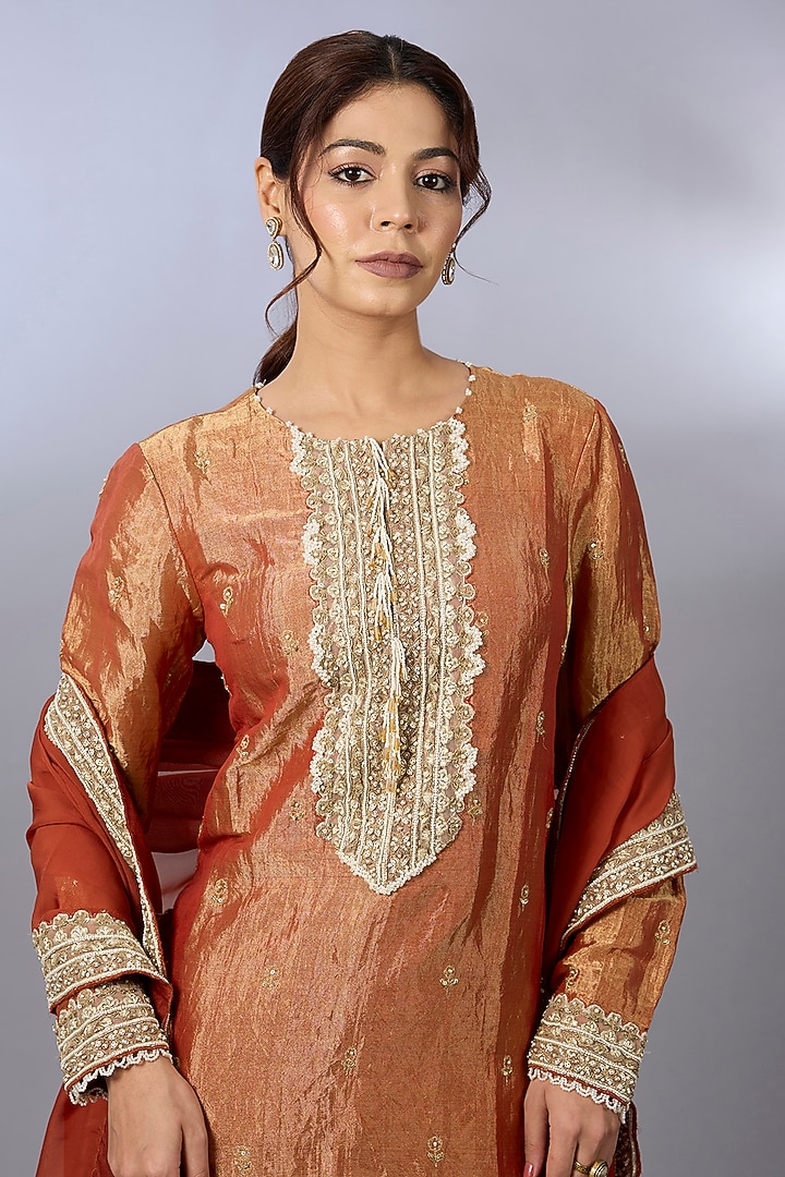 Rust Orange Tissue Wedding Sharara Set by Pallavi Poddar (India) at Pernia's Pop Up Shop