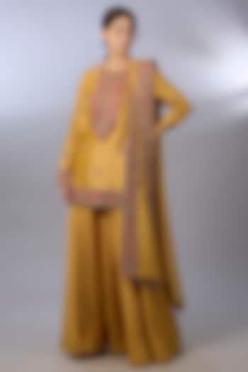 Mustard Tissue Wedding Sharara Set by Pallavi Poddar (India) at Pernia's Pop Up Shop