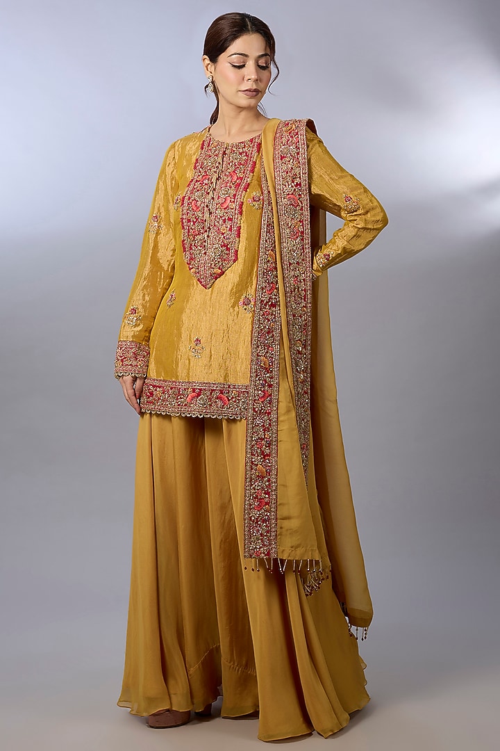 Mustard Tissue Wedding Sharara Set by Pallavi Poddar (India) at Pernia's Pop Up Shop