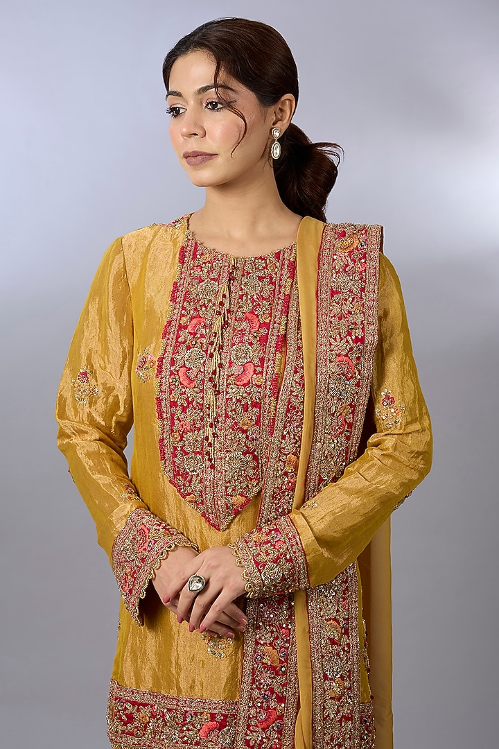 Mustard Tissue Wedding Sharara Set by Pallavi Poddar (India) at Pernia's Pop Up Shop