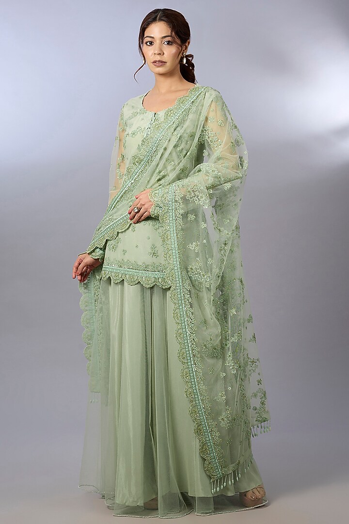 Mint Green Tulle Wedding Sharara Set by Pallavi Poddar (India) at Pernia's Pop Up Shop