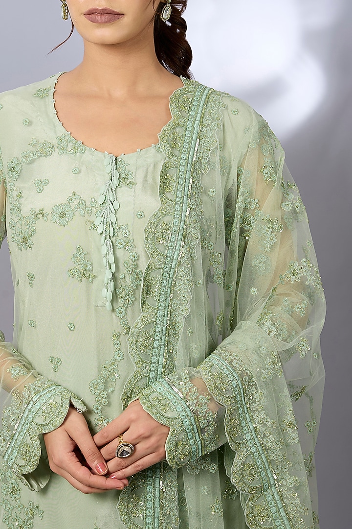 Mint Green Tulle Wedding Sharara Set by Pallavi Poddar (India) at Pernia's Pop Up Shop