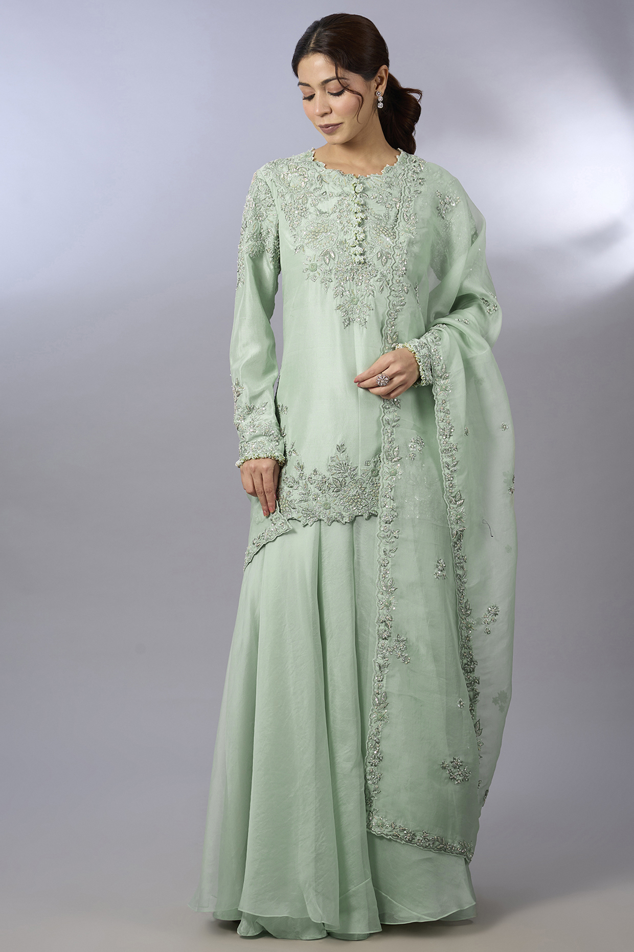 Green Dupion Wedding Sharara Set by Pallavi Poddar (India) at Pernia's Pop Up Shop