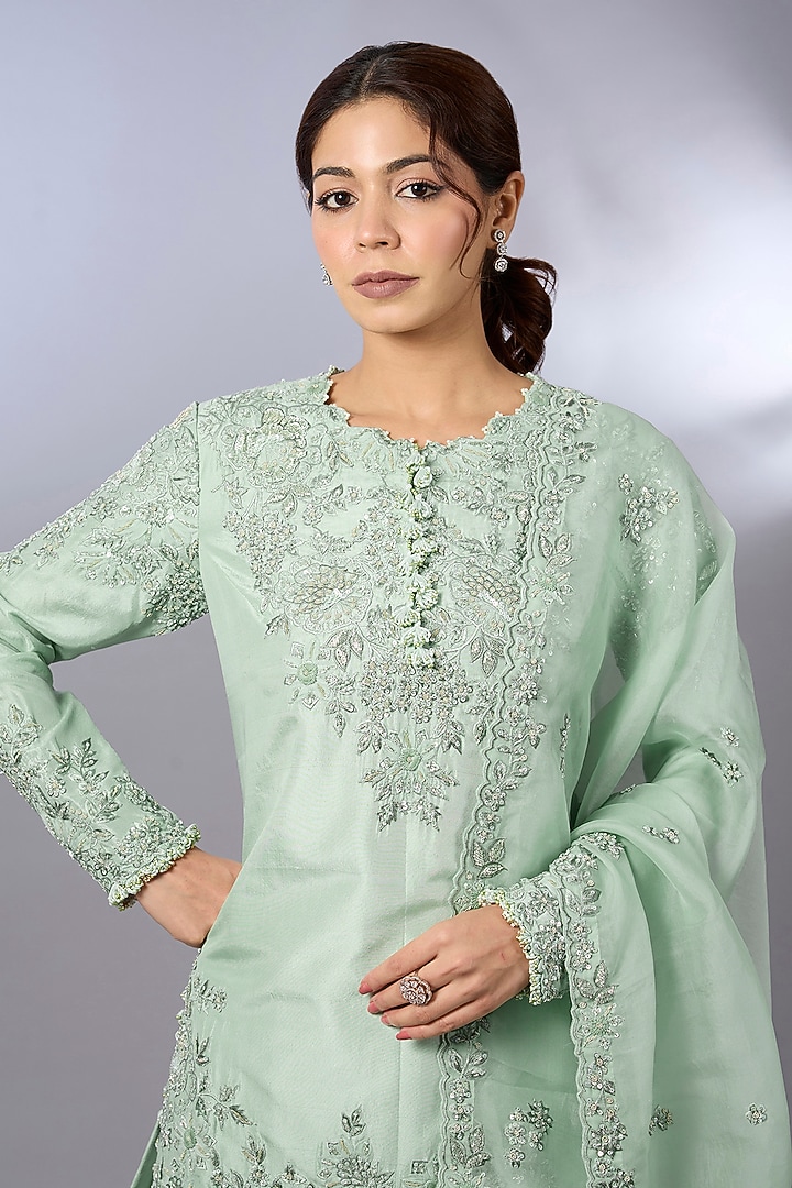 Green Dupion Wedding Sharara Set by Pallavi Poddar (India) at Pernia's Pop Up Shop