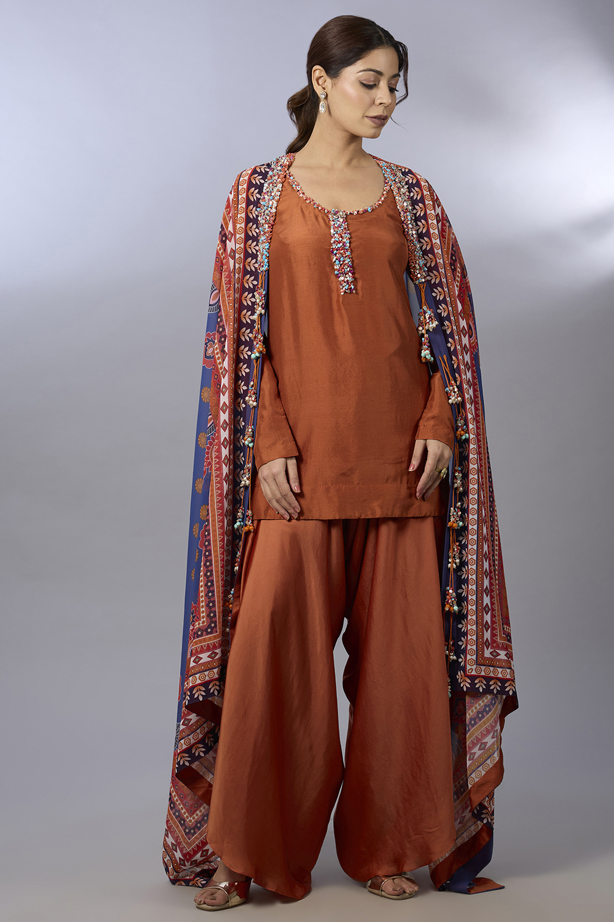 Rust Orange Dupion Party Wear Sharara Set by Pallavi Poddar (India) at Pernia's Pop Up Shop