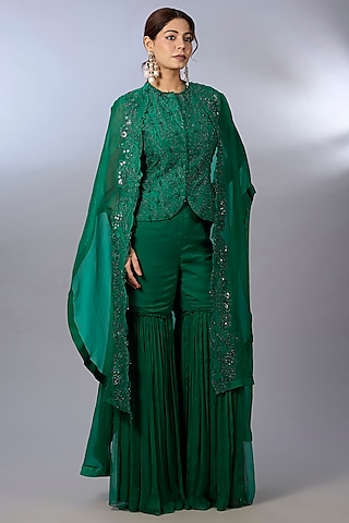 Emerald Green Organza & Chiffon Embroidered Cape Set by Pallavi Poddar (India)
