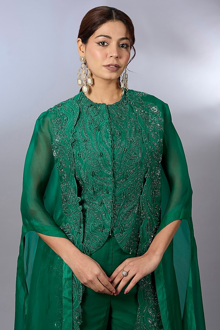 Emerald Green Organza & Chiffon Embroidered Cape Set by Pallavi Poddar (India) at Pernia's Pop Up Shop