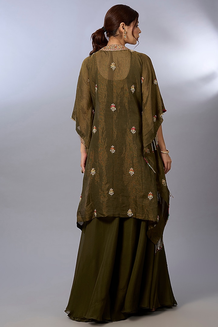 Mehendi Green Tissue Embroidered Kaftan Set by Pallavi Poddar (India) at Pernia's Pop Up Shop
