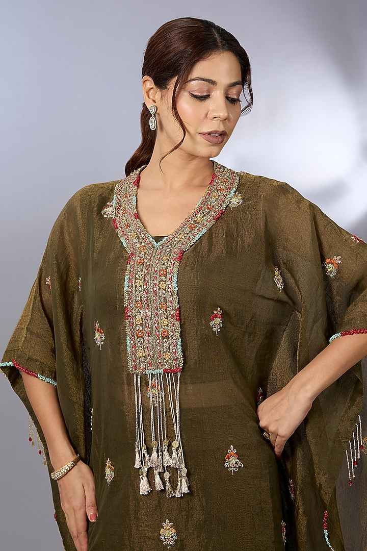 Mehendi Green Tissue Embroidered Kaftan Set by Pallavi Poddar (India) at Pernia's Pop Up Shop