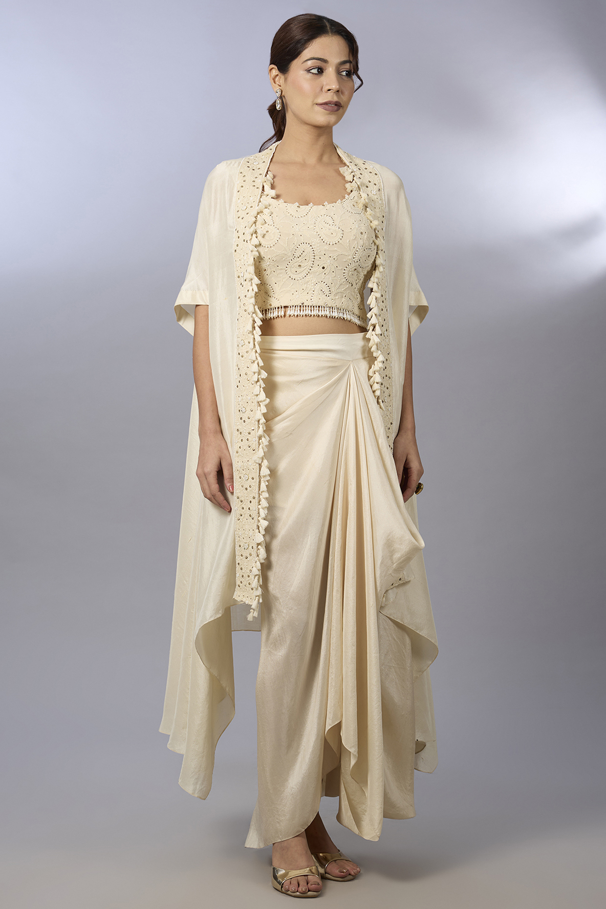 Ivory Dupion Cape Set by Pallavi Poddar (India) at Pernia's Pop Up Shop