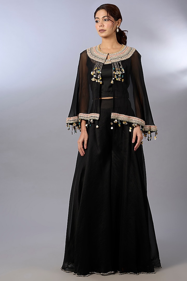 Black Organza Zardosi Work Cape Set by Pallavi Poddar (India) at Pernia's Pop Up Shop