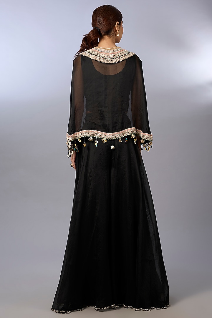 Black Organza Zardosi Work Cape Set by Pallavi Poddar (India) at Pernia's Pop Up Shop