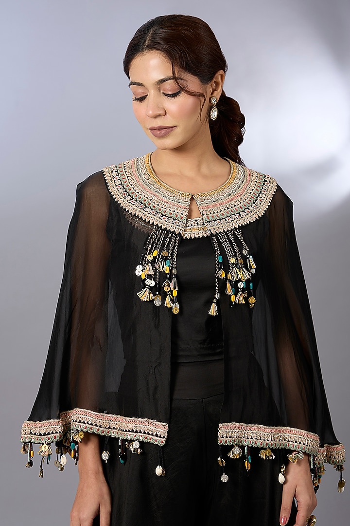 Black Organza Zardosi Work Cape Set by Pallavi Poddar (India) at Pernia's Pop Up Shop