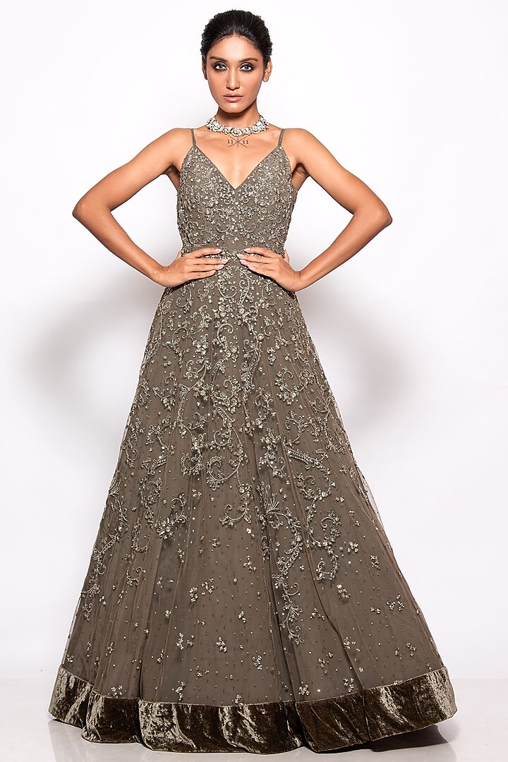 Sap Green Tulle Embroidered Wedding Gown by Pallavi Poddar (India) at Pernia's Pop Up Shop