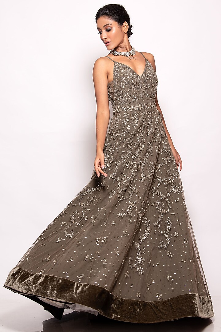 Sap Green Tulle Embroidered Wedding Gown by Pallavi Poddar (India) at Pernia's Pop Up Shop