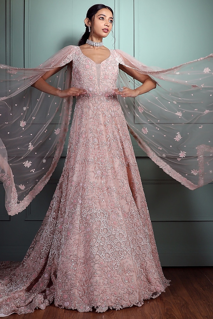 Lilac Tulle Embroidered Trail Gown With Dupatta by Pallavi Poddar (India)