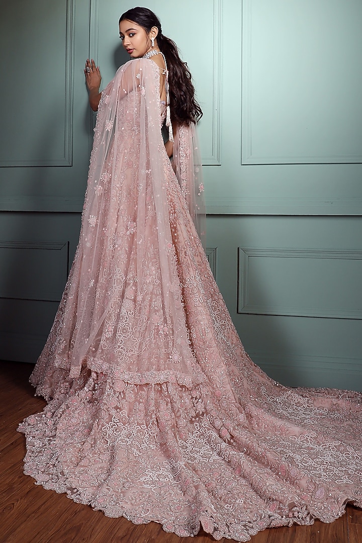 Lilac Tulle Embroidered Trail Bridal Gown With Dupatta by Pallavi Poddar (India) at Pernia's Pop Up Shop