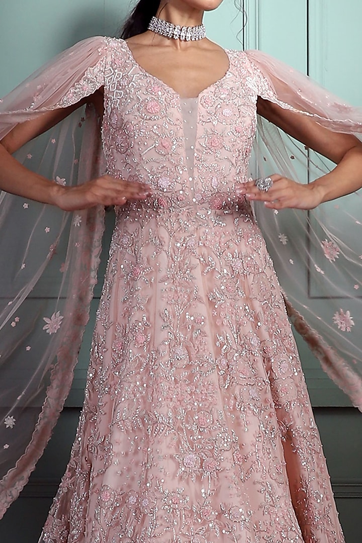 Lilac Tulle Embroidered Trail Bridal Gown With Dupatta by Pallavi Poddar (India) at Pernia's Pop Up Shop