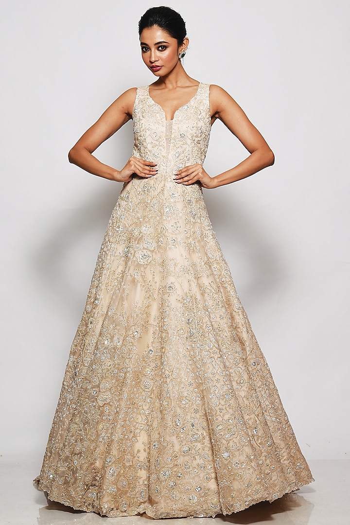 Ivory Organza Embellished Gown by Pallavi Poddar (India)