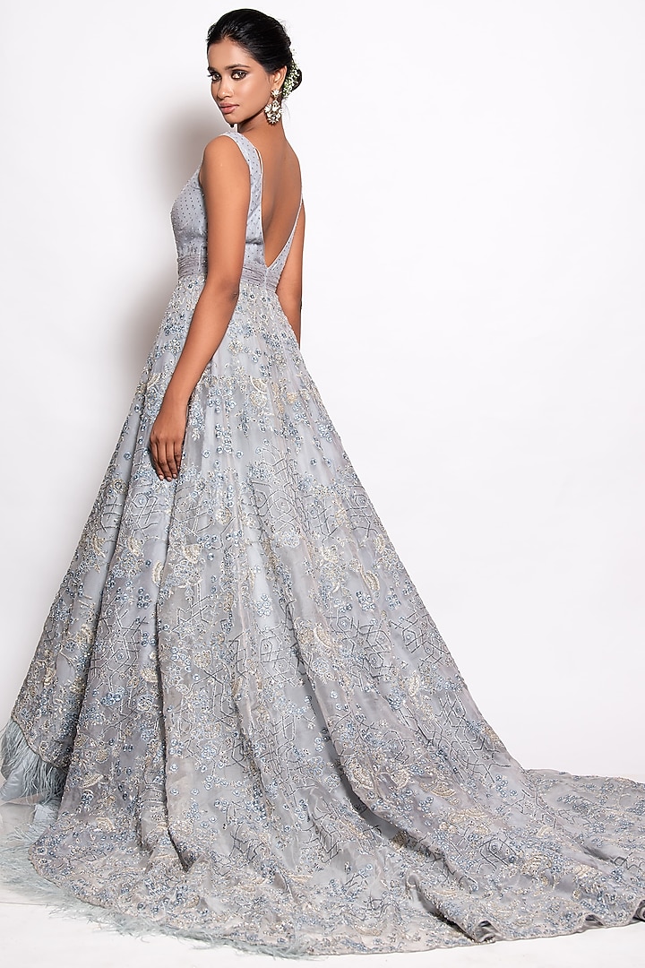 Ice Blue Organza Embroidered Trail Bridal Gown by Pallavi Poddar (India) at Pernia's Pop Up Shop