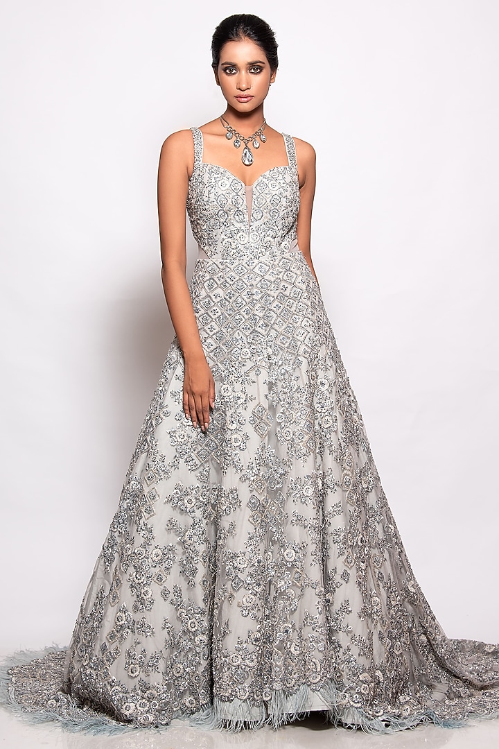 Grey Organza Embellished Trail Bridal Gown by Pallavi Poddar (India) at Pernia's Pop Up Shop