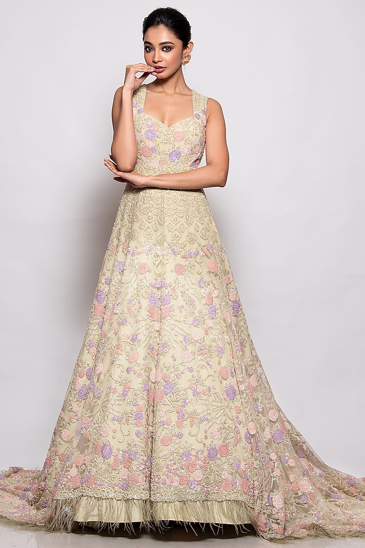 MInt Tulle Embellished Trail Gown by Pallavi Poddar (India)