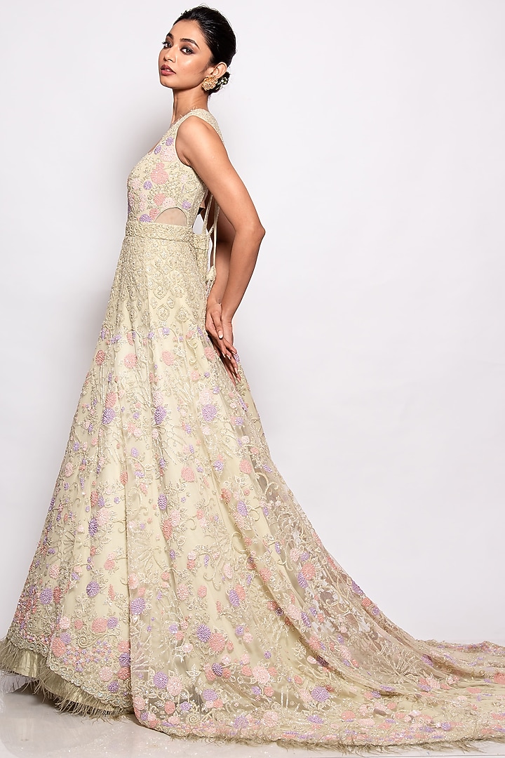 MInt Tulle Embellished Trail Bridal Gown by Pallavi Poddar (India) at Pernia's Pop Up Shop