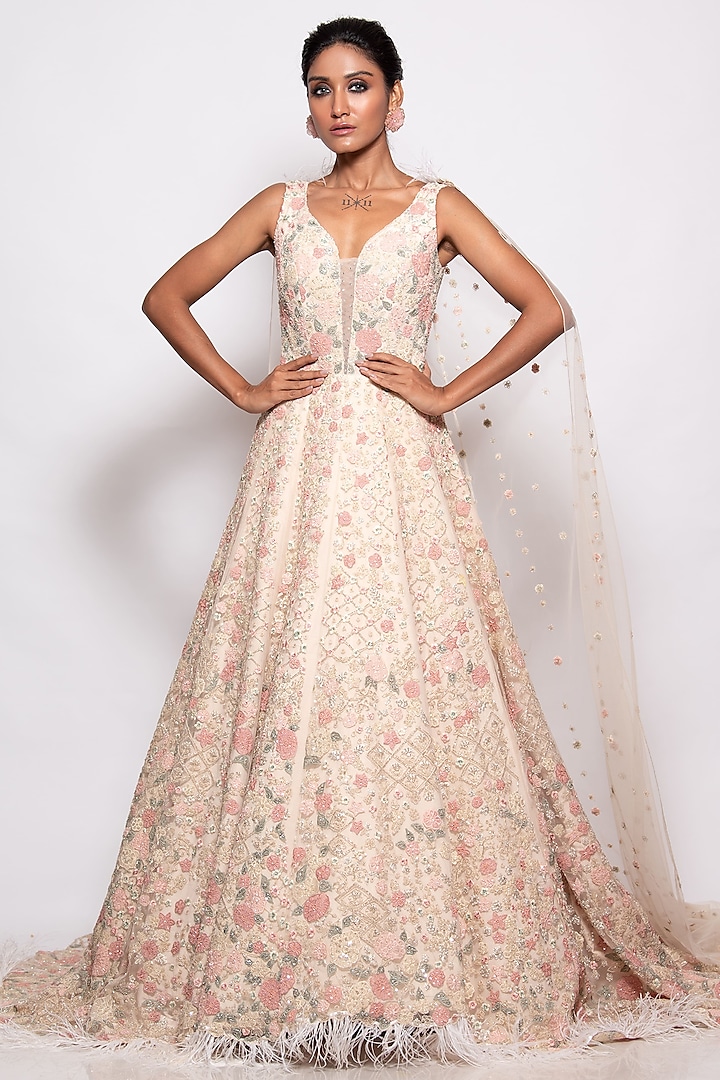 Ivory Tulle Embellished Trail Gown With Dupatta by Pallavi Poddar (India)