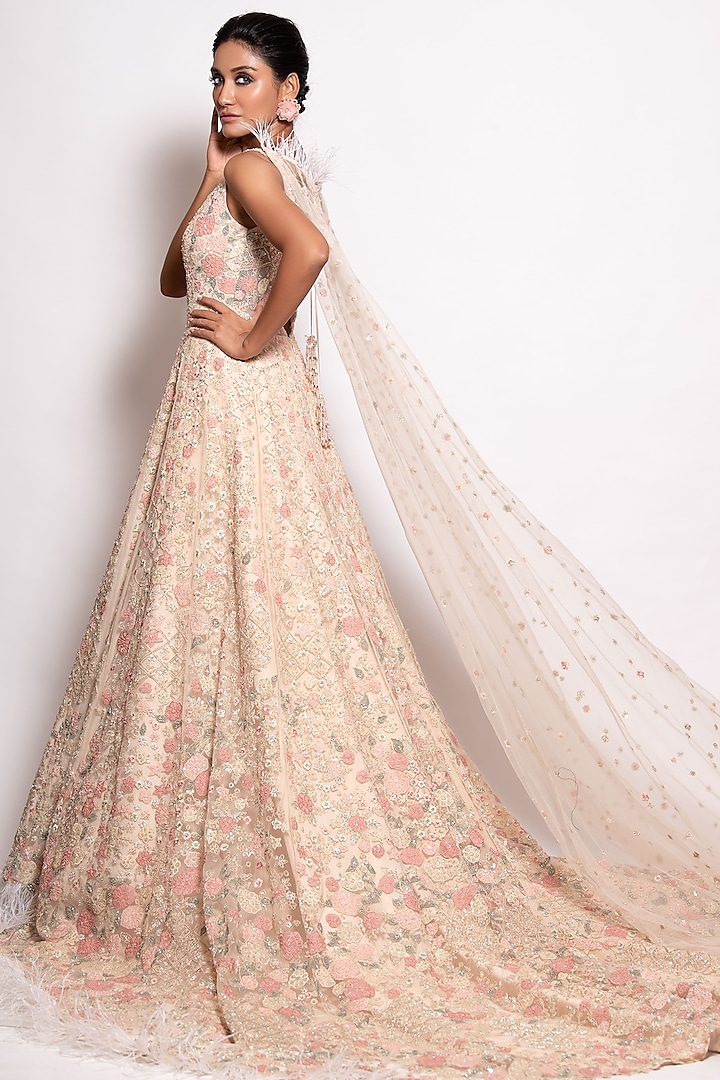 Ivory Tulle Embellished Trail Bridal Gown With Dupatta by Pallavi Poddar (India) at Pernia's Pop Up Shop