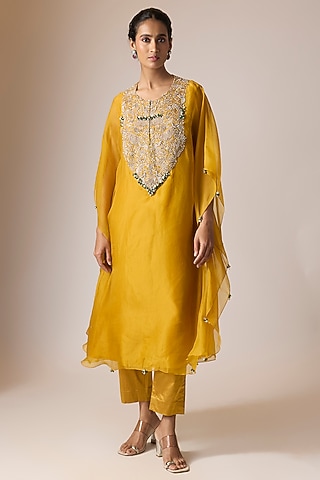 Mustard Organza Kaftan Set by Pallavi Poddar (India)