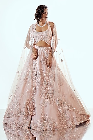 Pink Organza Sequin & Pearl Embellished Lehenga Set by Pallavi Poddar (India)
