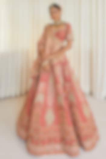 Pink Raw Silk Applique Work Bridal Lehenga Set by Pallavi Poddar (India) at Pernia's Pop Up Shop