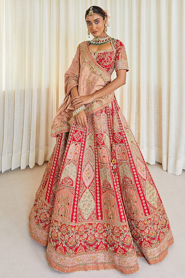 Pink Raw Silk Applique Work Bridal Lehenga Set by Pallavi Poddar (India) at Pernia's Pop Up Shop