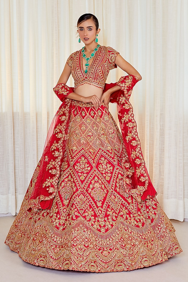 Red Raw Silk Zardosi & Resham Work Bridal Lehenga Set by Pallavi Poddar (India) at Pernia's Pop Up Shop