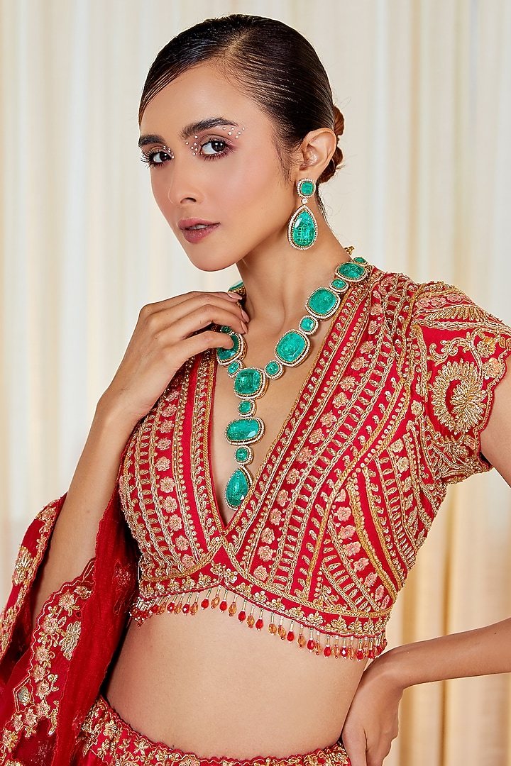 Red Raw Silk Zardosi & Resham Work Bridal Lehenga Set by Pallavi Poddar (India) at Pernia's Pop Up Shop