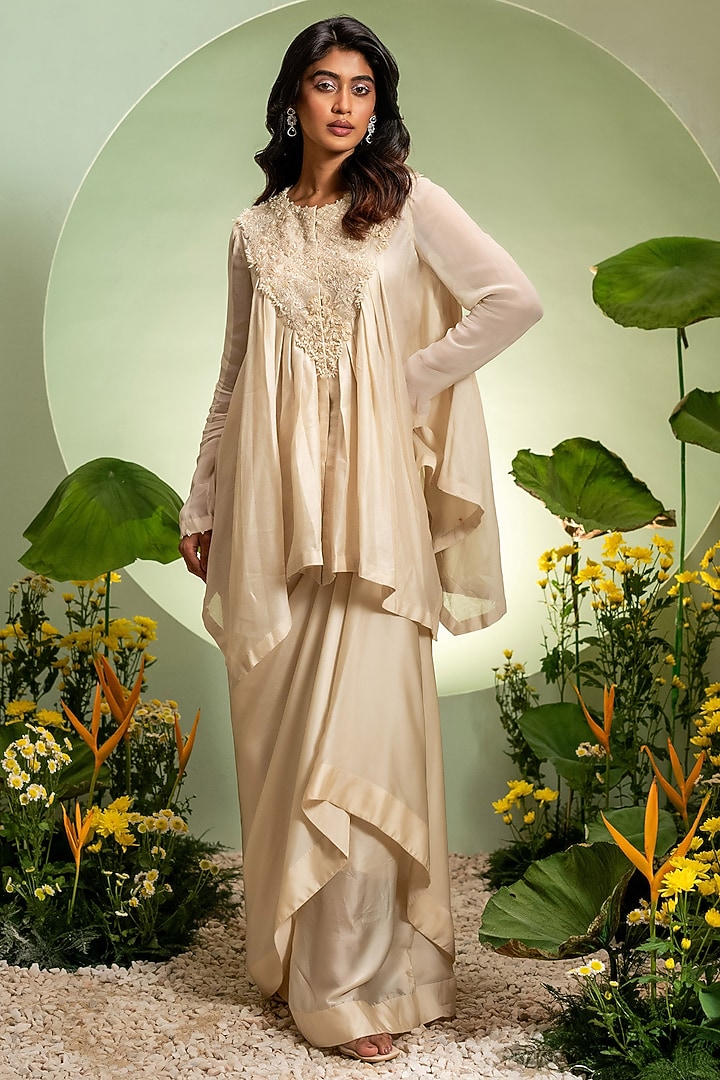 Ivory Chanderi Satin Skirt Set by Pallavi Poddar (India) at Pernia's Pop Up Shop