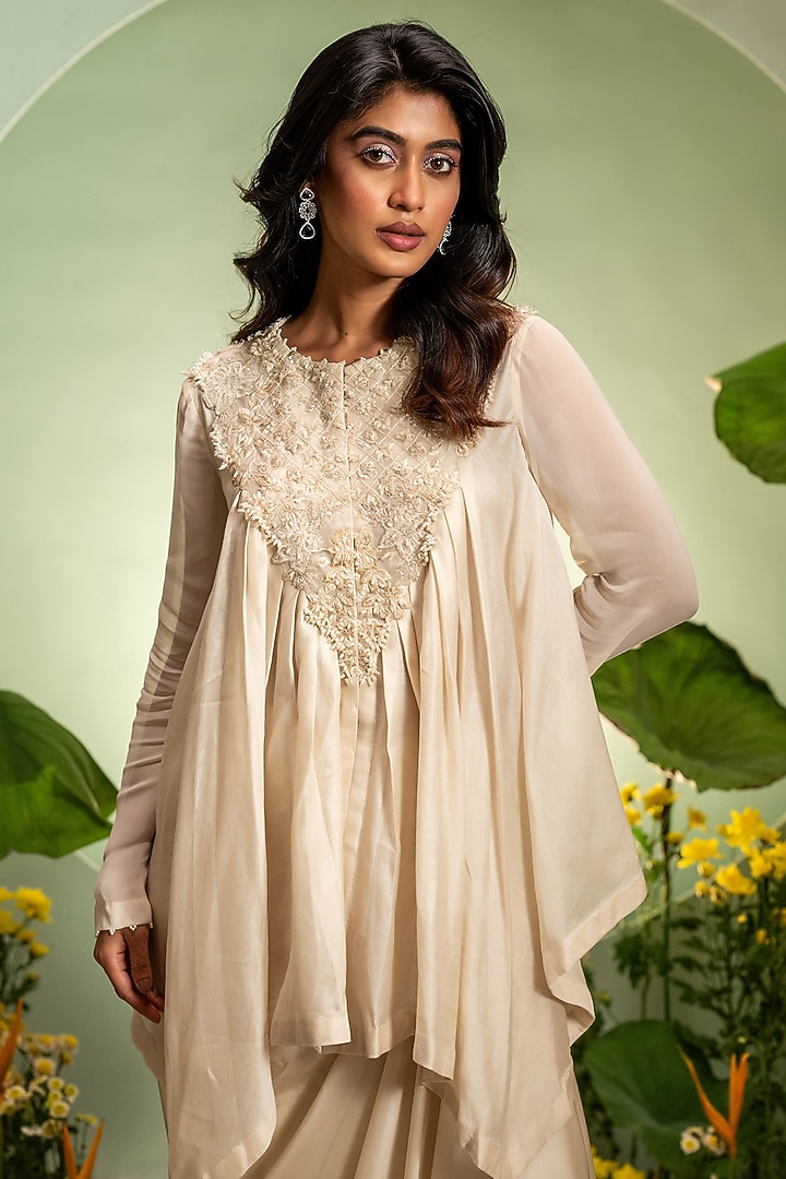 Ivory Chanderi Satin Skirt Set by Pallavi Poddar (India) at Pernia's Pop Up Shop