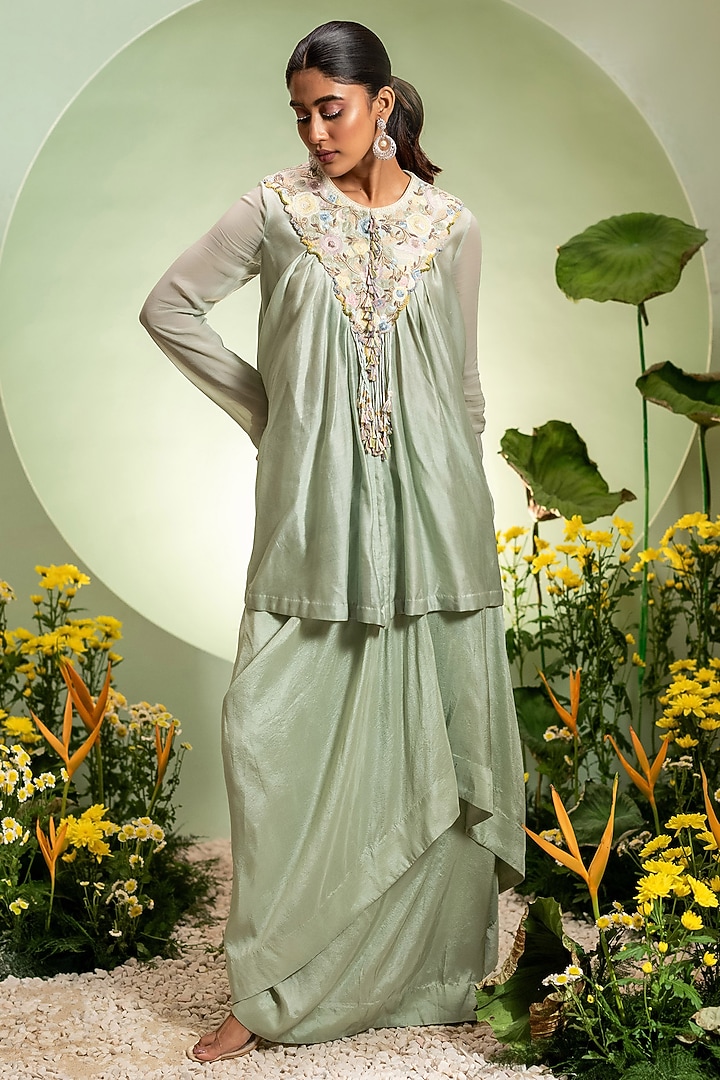 Aqua Chanderi Satin Skirt Set by Pallavi Poddar (India) at Pernia's Pop Up Shop