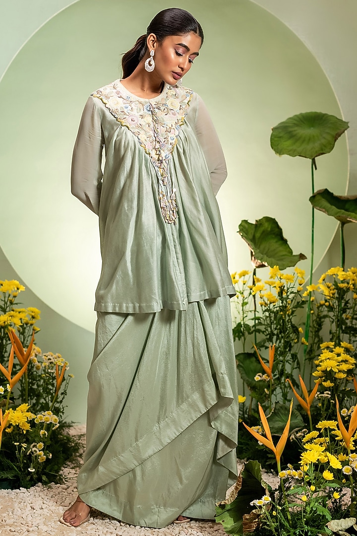 Aqua Chanderi Satin Skirt Set by Pallavi Poddar (India) at Pernia's Pop Up Shop