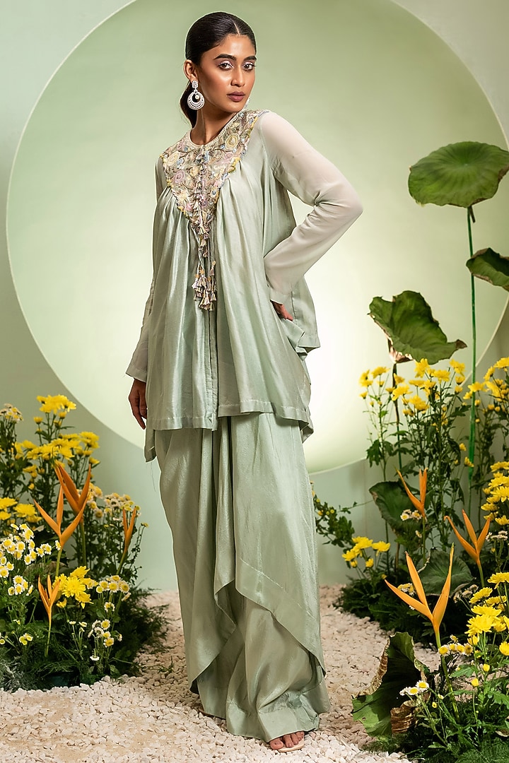 Aqua Chanderi Satin Skirt Set by Pallavi Poddar (India) at Pernia's Pop Up Shop
