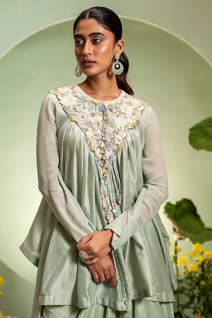 Aqua Chanderi Satin Skirt Set by Pallavi Poddar (India) at Pernia's Pop Up Shop